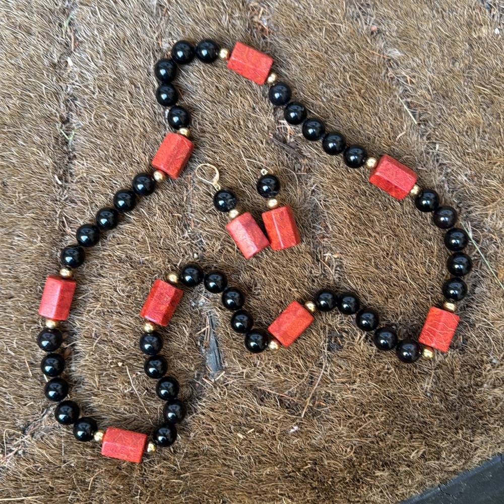 Red and Black StoneNecklace and earring set